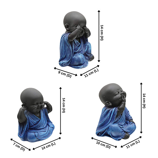 Premium Baby Monk Buddha Idol Set of 3 | Blue & Black Marble Finish Home Decor Showpiece – 5.5 Inch