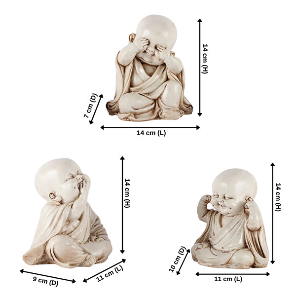 Premium Baby Monk Buddha Showpiece Set of 3 | Off White Marble Finish for Home Decor