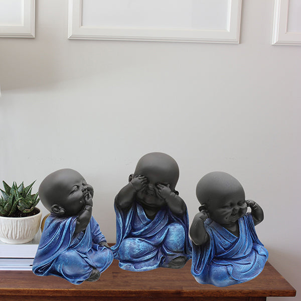 Premium Baby Monk Buddha Idol Set of 3 | Blue & Black  Marble Finish Home Decor Showpiece – 5.5 Inch
