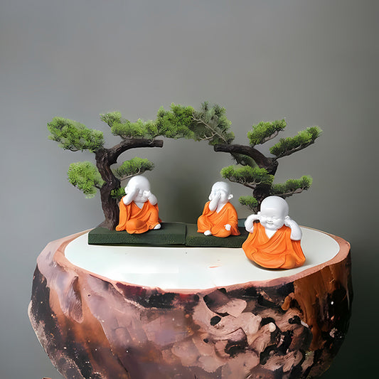 Premium Baby Monk Buddha Showpiece Set of 3 |   Orange  Marble Finish for Home Decor