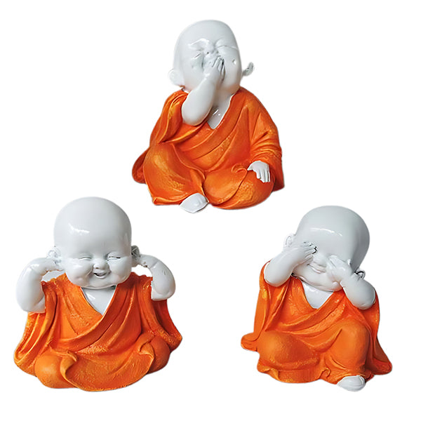 Premium Baby Monk Buddha Showpiece Set of 3 |   Orange  Marble Finish for Home Decor