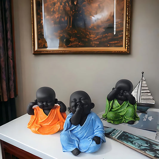 Premium Baby Monk Buddha Showpiece Set of 3 | Multicolor Marble Finish for Home Decor