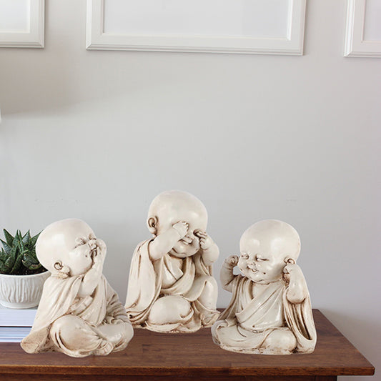 Premium Baby Monk Buddha Showpiece Set of 3 | Off White Marble Finish for Home Decor