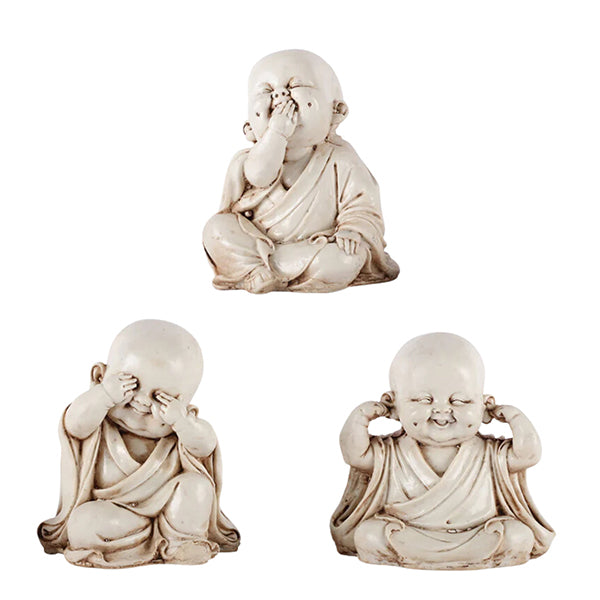 Premium Baby Monk Buddha Showpiece Set of 3 | Off White Marble Finish for Home Decor