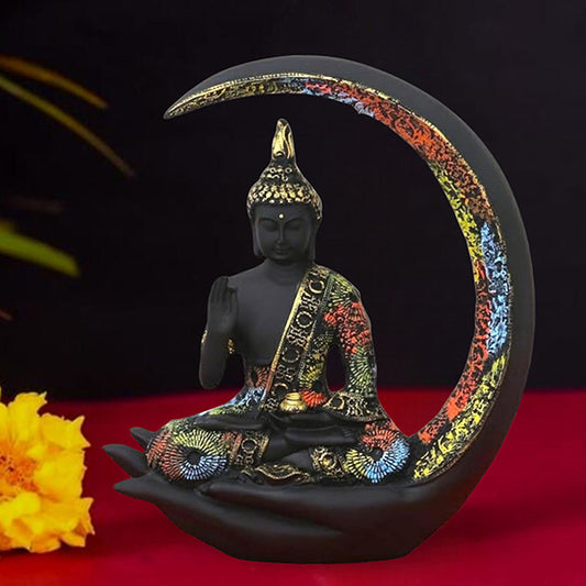 Multicolor Crescent Moon Buddha Statue 10 inch  – Premium Decorative Meditation Showpiece for Home & Office