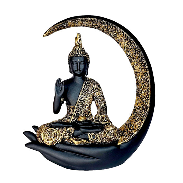 Elegant Black & Gold Crescent Moon Buddha Statue 10 inch  – Premium Meditation Home Décor