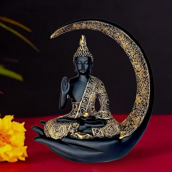 Elegant Black & Gold Crescent Moon Buddha Statue 10 inch  – Premium Meditation Home Décor